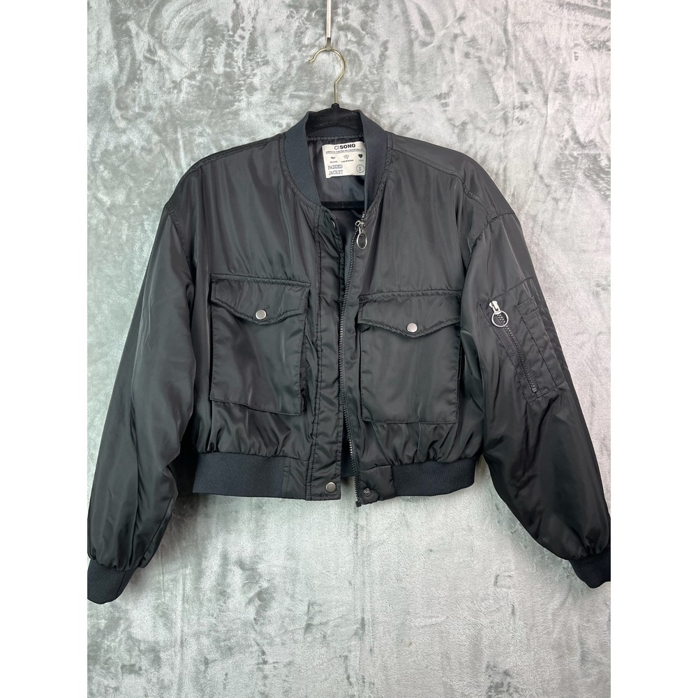 Ci Sono Small Coat Black Padded Lined Zip Up Bomber Flight Jacket Crop Pockets